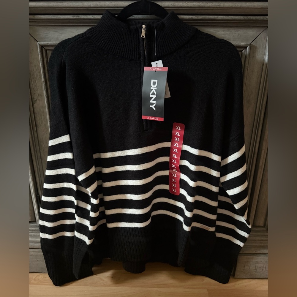 Dkny Black Sweater with White Stripes Half-Zip Mock Neck Size XL  Pit to Pit 25”